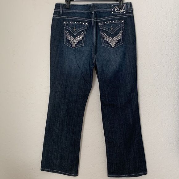 Code Bleu Annette Bootcut Jeans Dark Blue Embellished Embroidered Size 16W - Picture 12 of 12